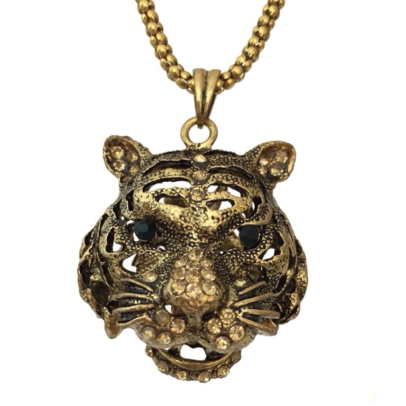 Gold Tone Tiger Face Rhinestone Pendant Long Necklace - Picture 1 of 4